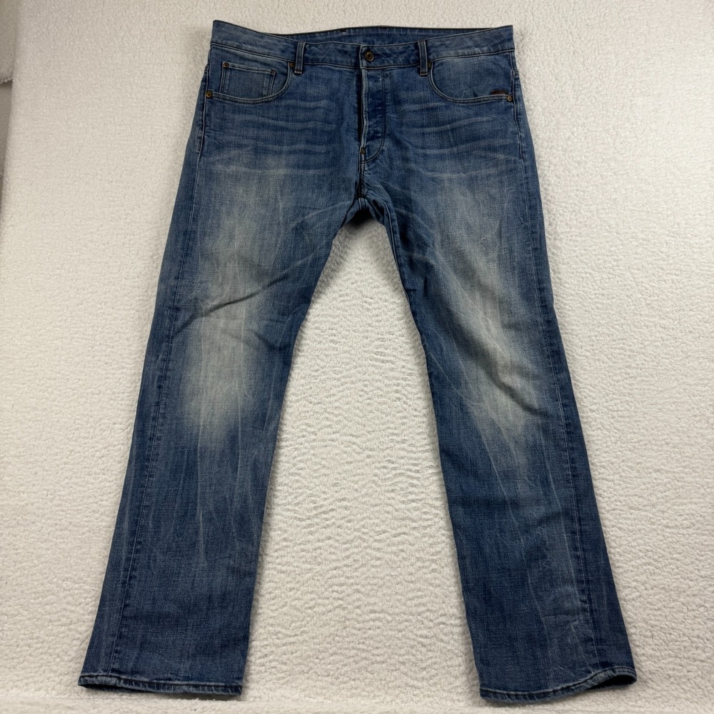 G Star Raw Attacc Slim Straight Jeans Mens 38x32 Blue Whiskering Denim Mid Rise